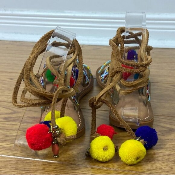 India Grace Pipa Boho Tie Up PomPom Gladiator Sandals Size 5 Sambag Charms Beach - Picture 16 of 16